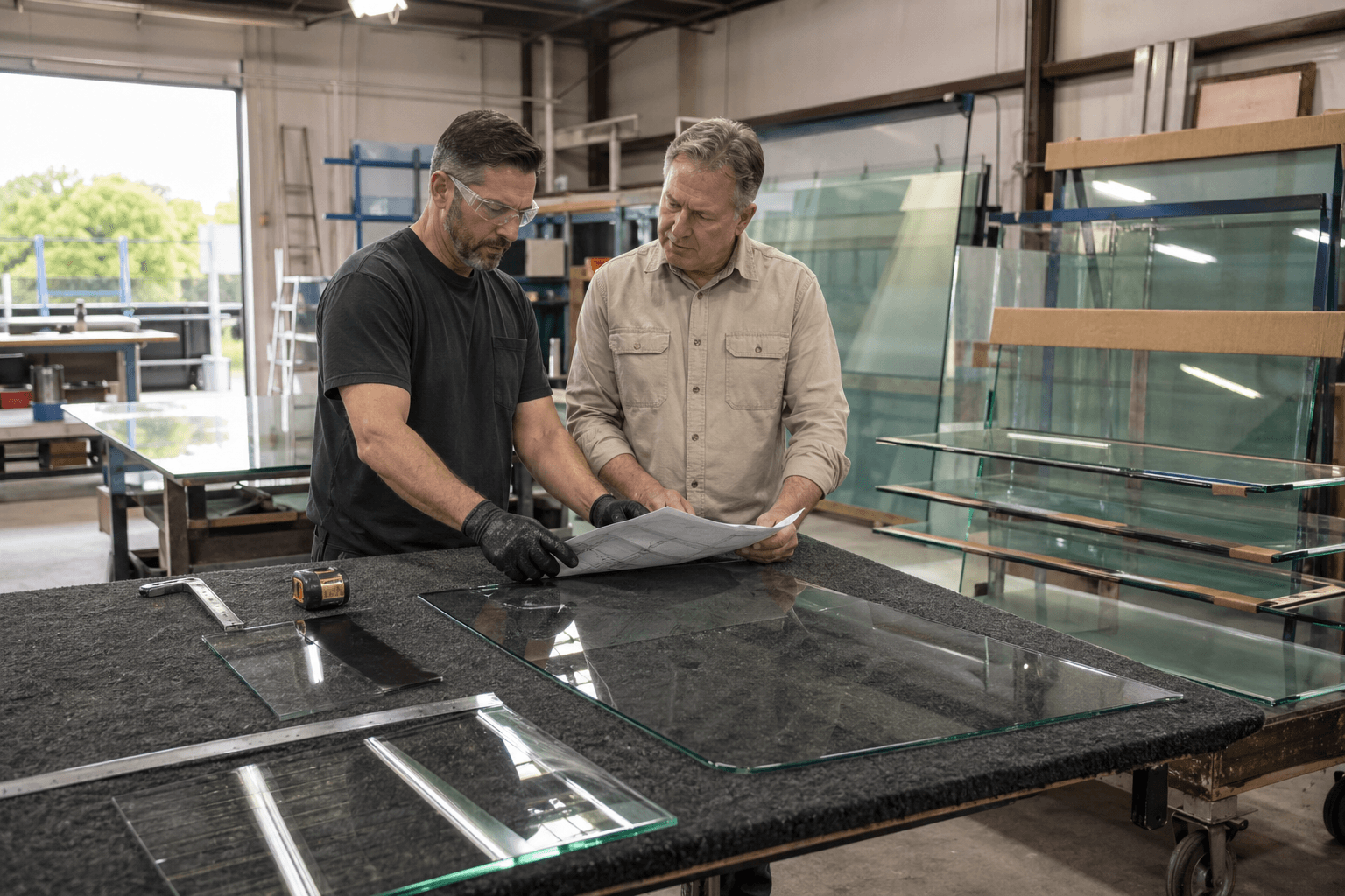 Custom glass cutting in the shop—measured panels, cut edges, and precise fabrication.