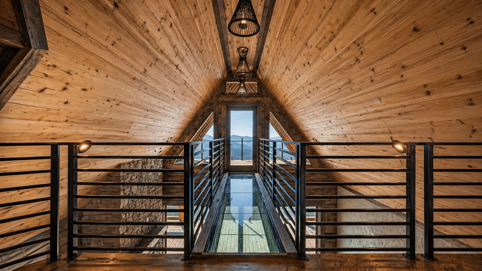 Residential walkway with glass and wood trim—exterior finish and metalwork context.