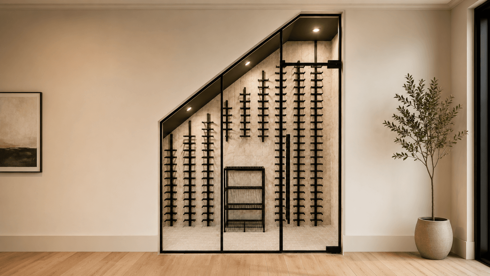 Custom glass-enclosed wine cellar with black-framed partition and tall vertical wine display racks.