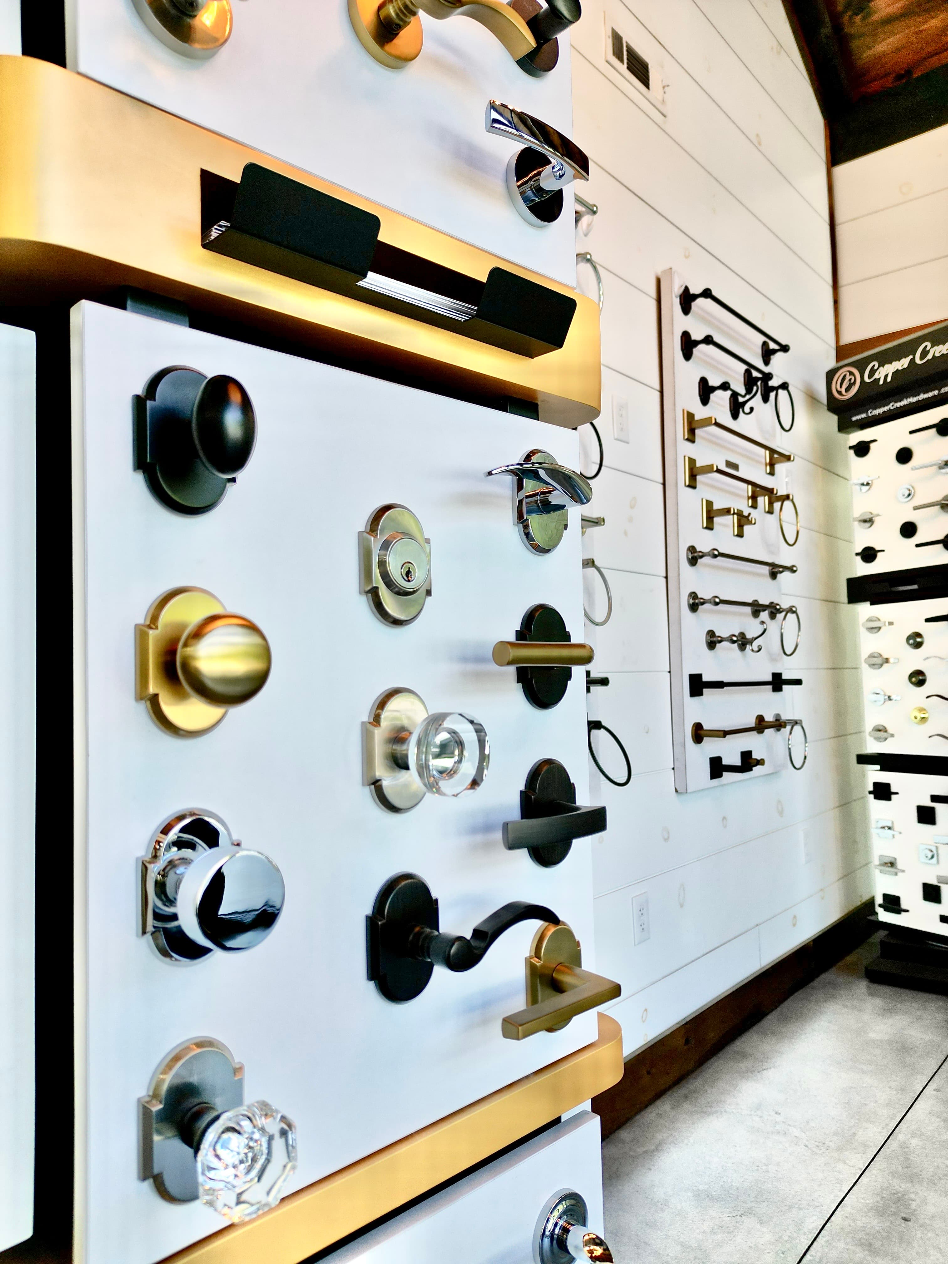 Commercial door lock and entry hardware on a storefront entrance.