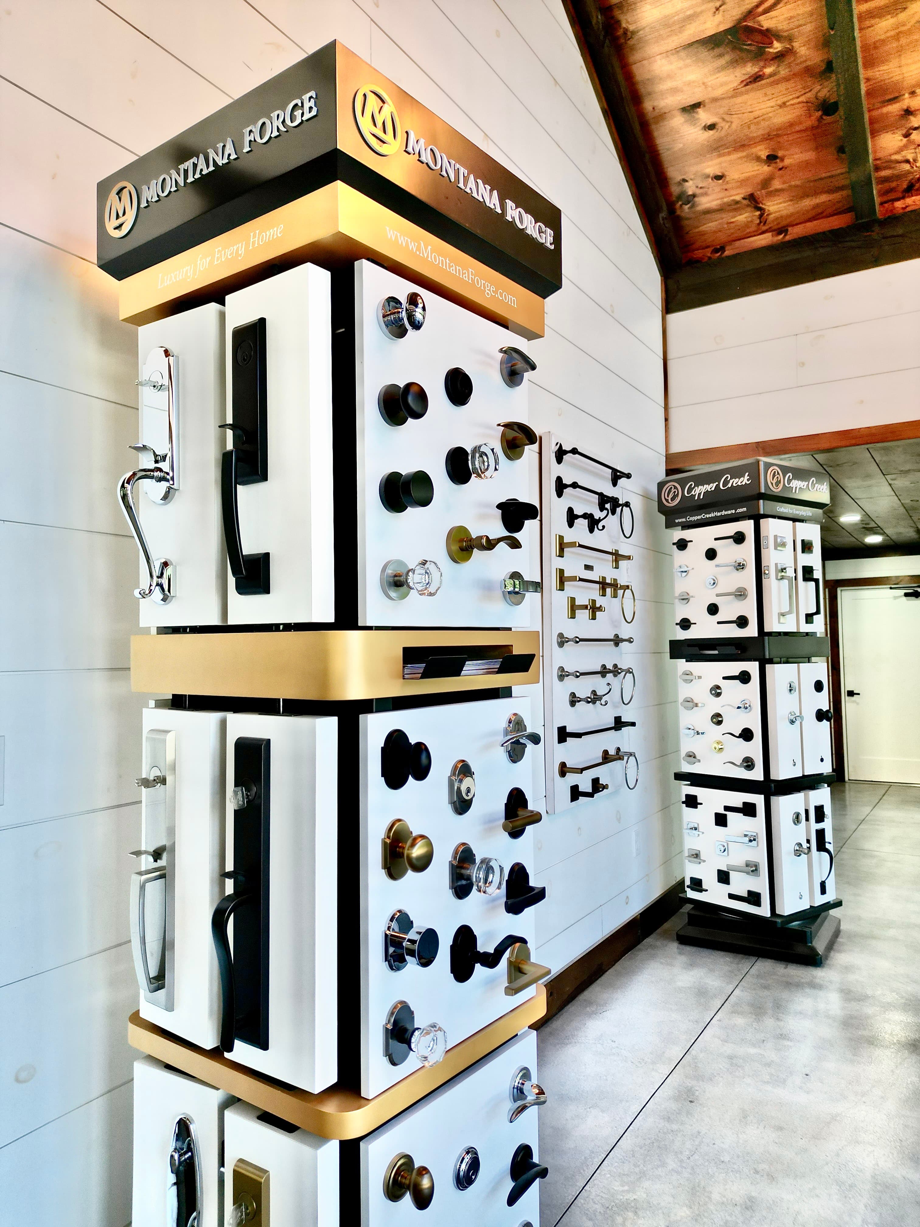 Commercial door lock measurement and replacement on a storefront entrance.