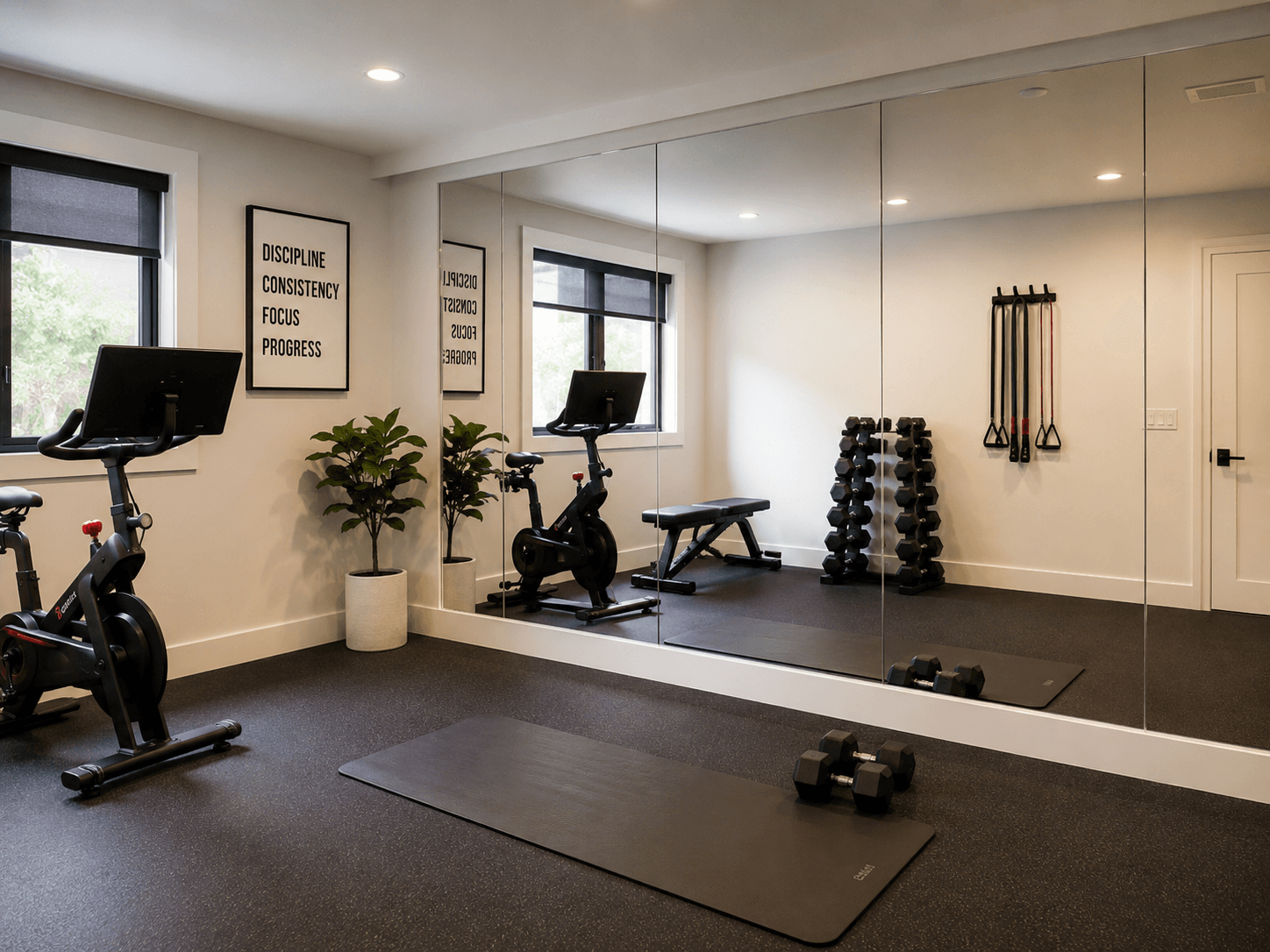 Large gym wall mirror panels installed in a fitness studio.