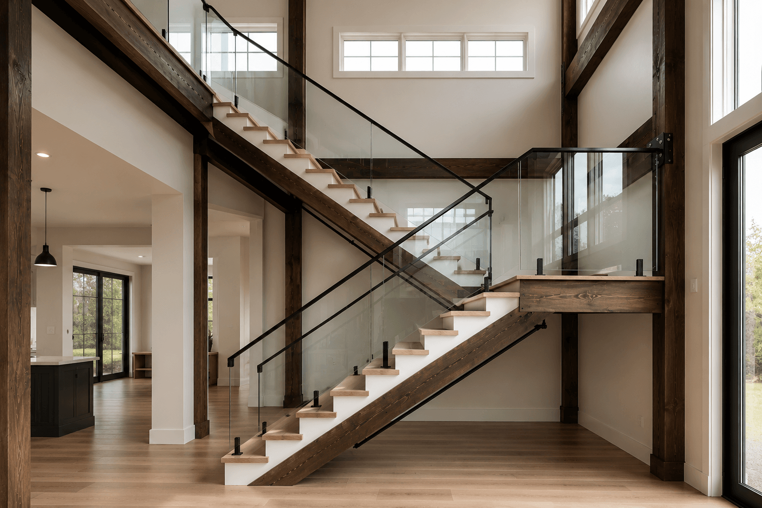 Interior glass railing on a residential stair and landing.