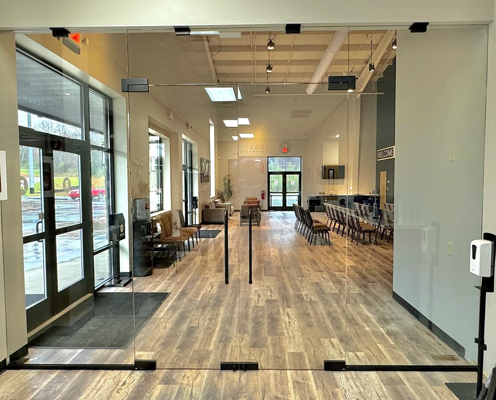 Laminated glass in a commercial office interior.