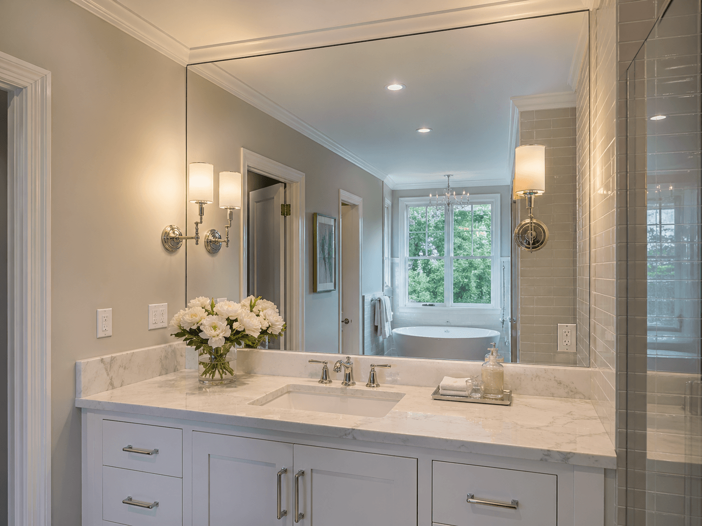 Two gold-framed custom vanity mirrors above a dual sink—bathroom mirror installation.