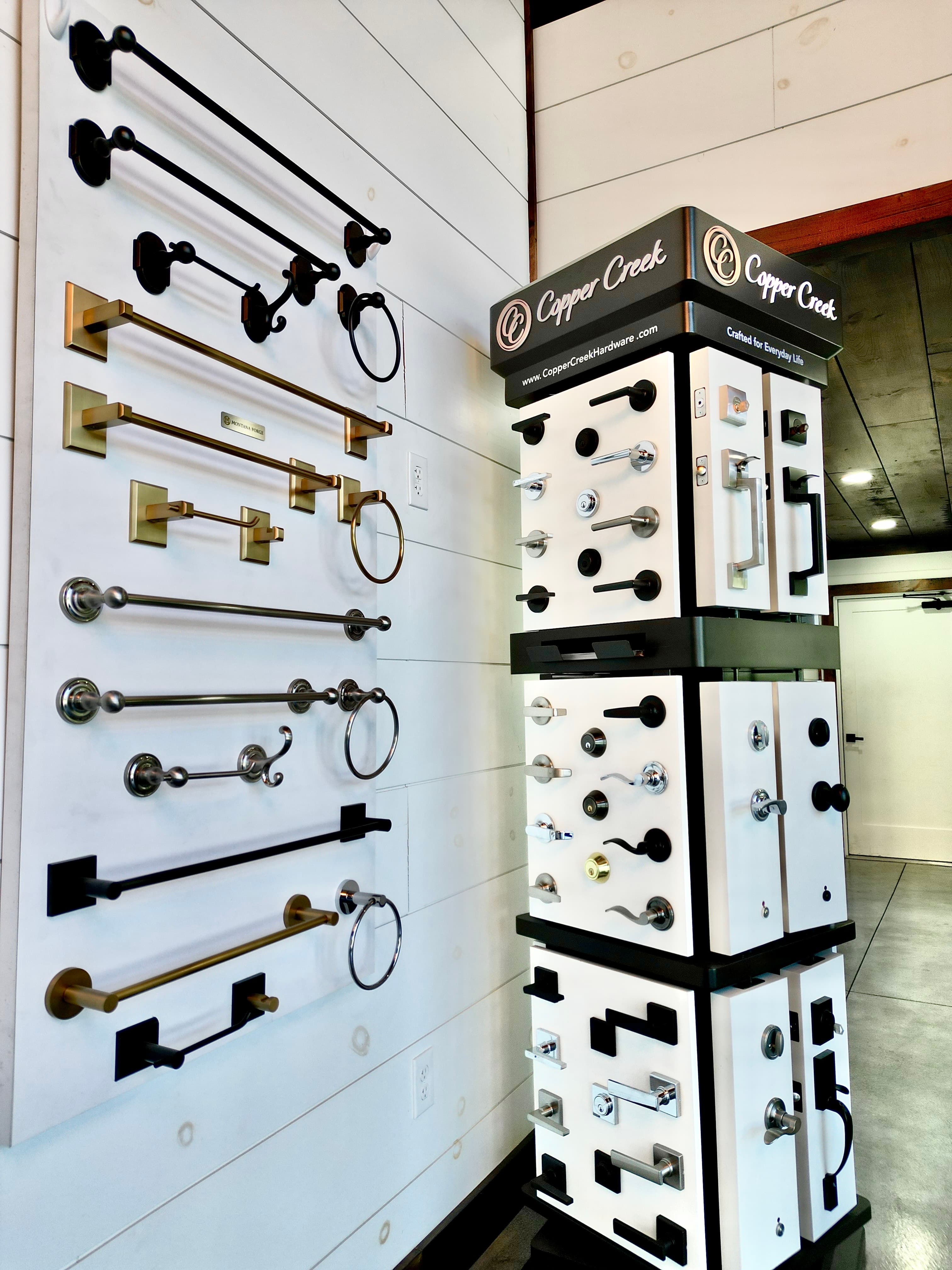 Commercial panic hardware and exit device installed on a storefront door.