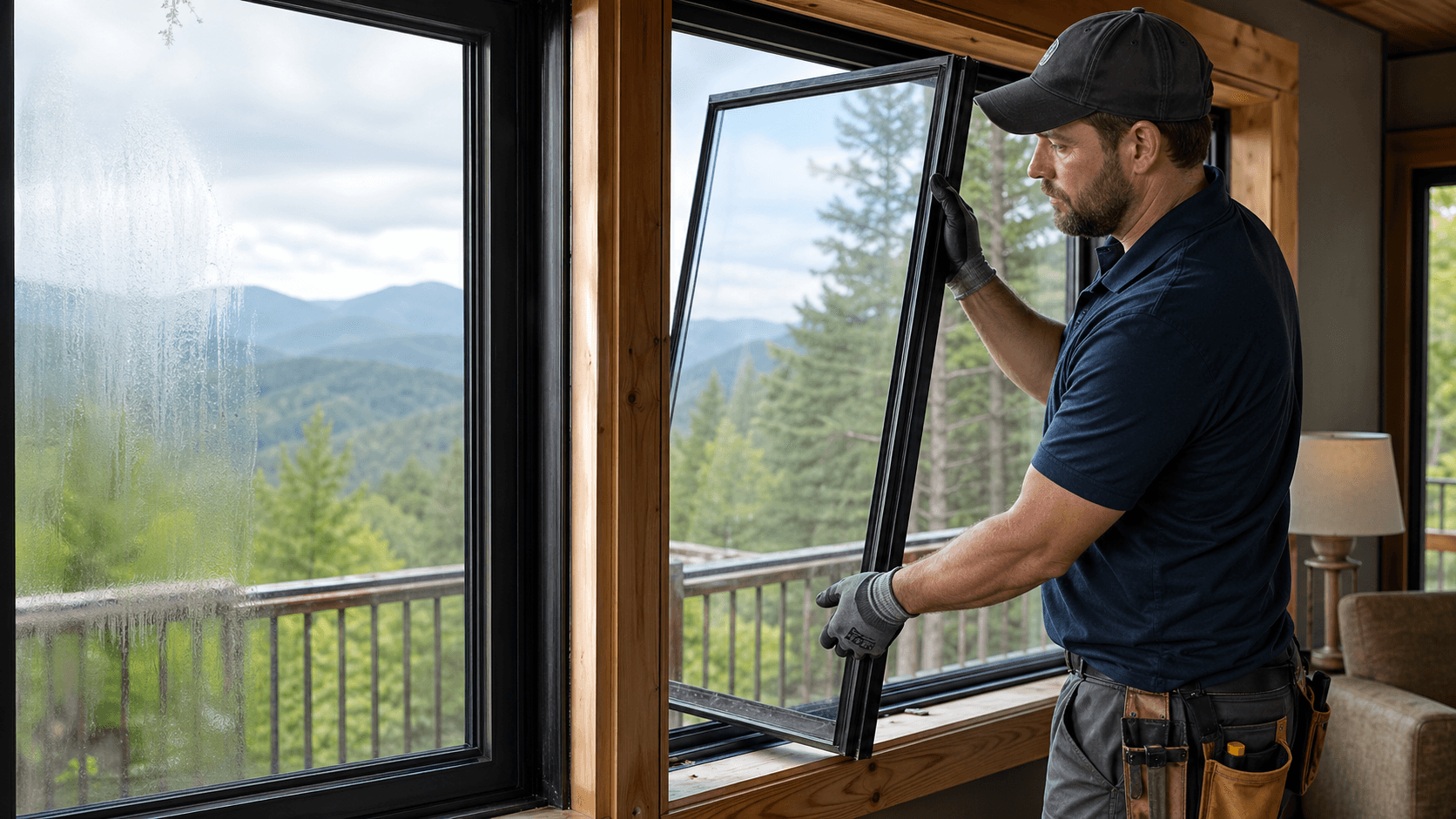 Replacement glass in a residential window opening.