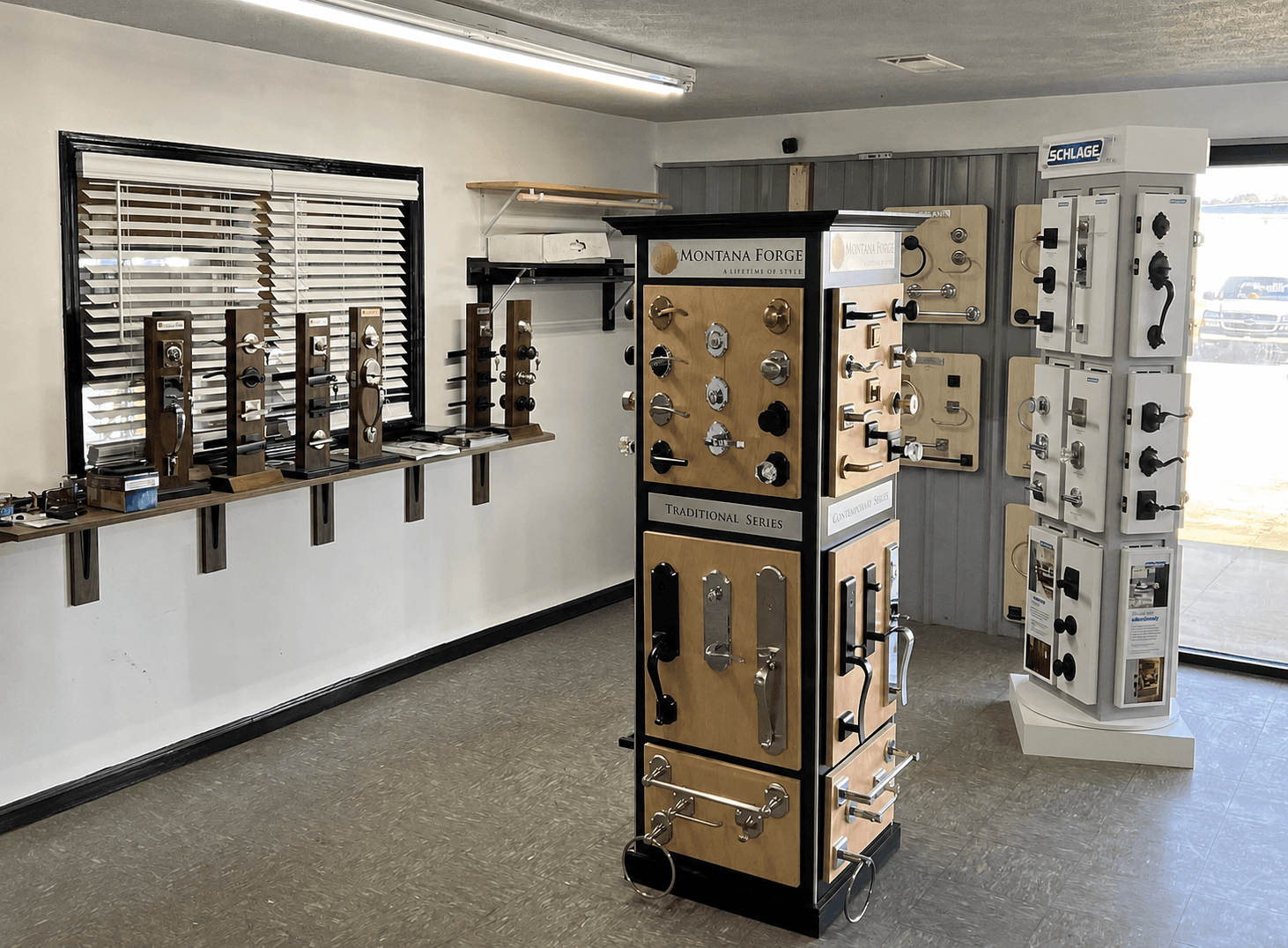 Commercial door lock and entry hardware on a storefront entrance.