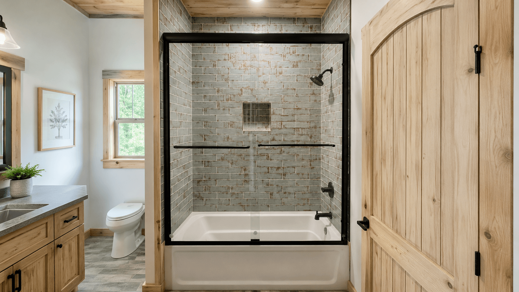 Sliding glass shower door on a tub with matte black frame and subway tile surround.