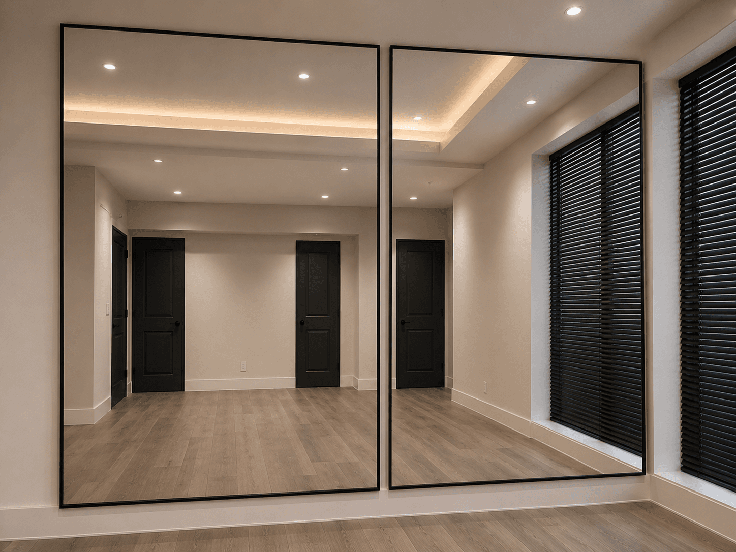 Large wall mirror installation in a home gym or studio space.